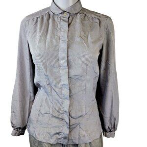Vintage 70s Dot Blouse Shirt Women 8 Gray Brown Long Sleeve Top Button Up Satin